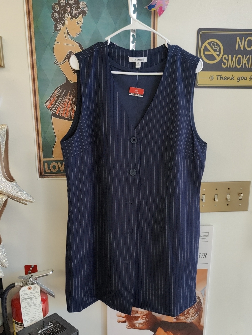Steve Madden Navy Pinstripe Button-Front Sheath Dress